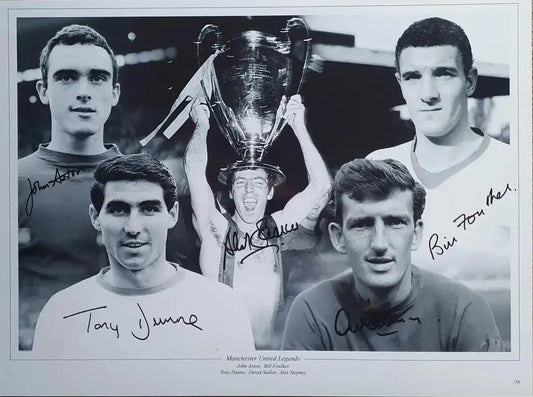 Aston, Sadler, Foulkes, Stepney & Dunne Signed Manchester United Photo. - Darling Picture Framing