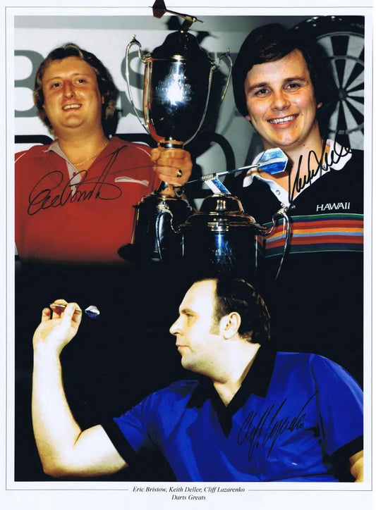 Eric Bristow, Keith Deller & Cliff Lazarenko Signed Photo. - Darling Picture Framing