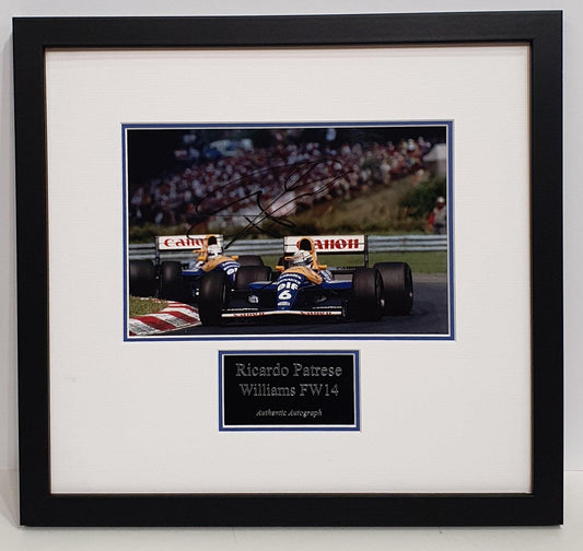 Ricardo Patrese Signed Williams FW14 Photo Framed. - Darling Picture Framing